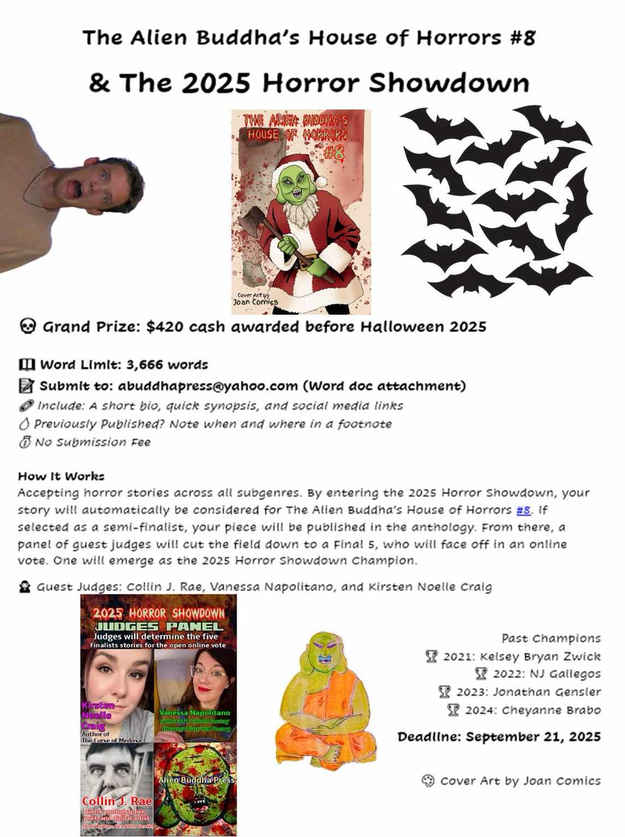 Cool short story opportunity from <a href="/thealienbuddha/">Alien Buddha Press (open for submissions) 🍉</a> - open for submissions now

#HorrorCommunity #HorrorWriters #ShortStories