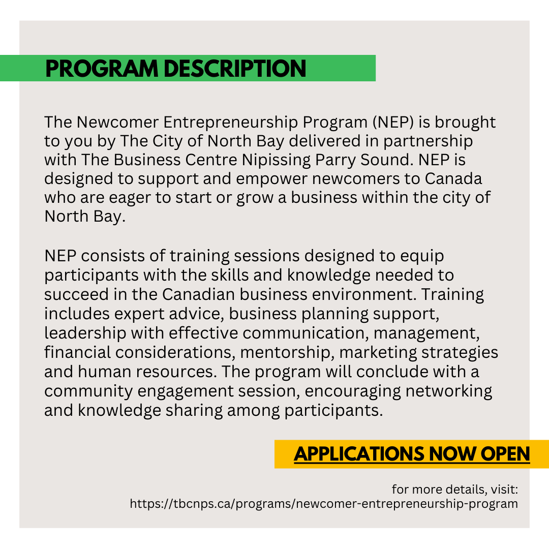 Calling All Newcomer Entrepreneurs in North Bay!
Ready to launch or grow your business? The Newcomer Entrepreneurship Program is here to help you succeed!

📍 Location: North Bay
🏢 Mode of Delivery: In-Person
📅 First Session: May

🔗 Apply Now: buff.ly/48Dk5UE