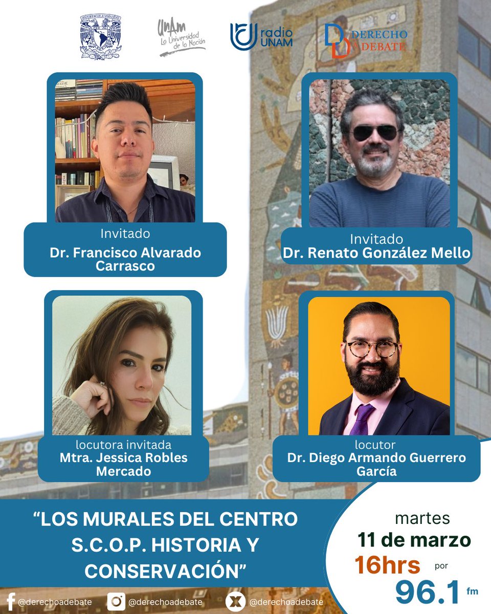 Hablar de historia y conservación automáticamente nos lleva a relacionarlo con el derecho de acceso a la #Cultura esta tarde por el 96.1fm <a href="/RadioUNAM/">Radio UNAM</a> para escuchar al Dr.
#renatogonzalezmello y el Mtro.
#franciscoalvaradocarrasco
🎙️ Dr. <a href="/DiegoAGuerreroG/">Diego Guerrero</a> y la Mtra. #jessicaroblesm