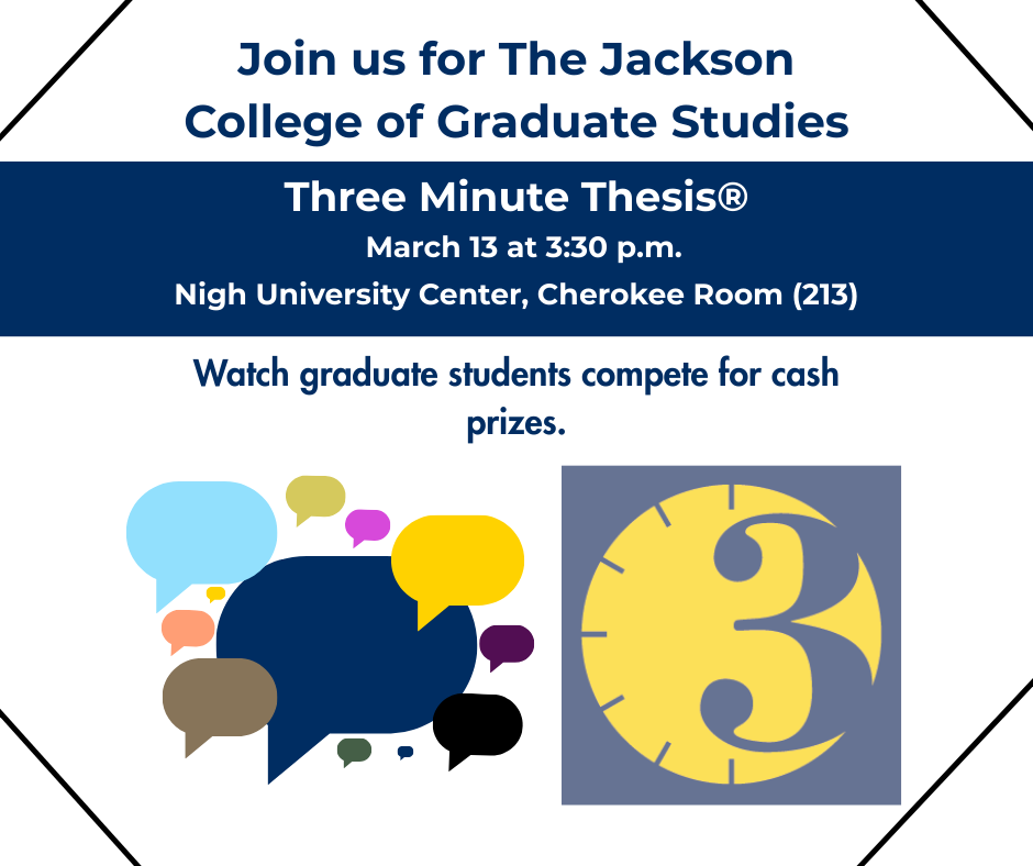 Join us for the 2025 Three Minute Thesis® Competition at 3:30 p.m., Thursday, March 13, Nigh University Center, Cherokee Room. Grad students will compete for cash prizes by presenting in only three minutes. This event is STLR tagged.