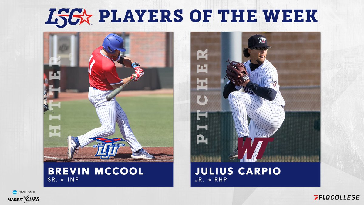 #LSCbase Players of the Week ⚾️

Hitter: Brevin McCool, <a href="/LCUCHAPS/">LCU Chaparrals</a> (2)

Pitcher: Julius Carpio, <a href="/WTAMUBuffs/">West Texas A&M Athletics</a> 

🔗 bit.ly/4iG0Ygv

#D2bsb <a href="/FloCollegeBSB/">FloCollege | Baseball</a>