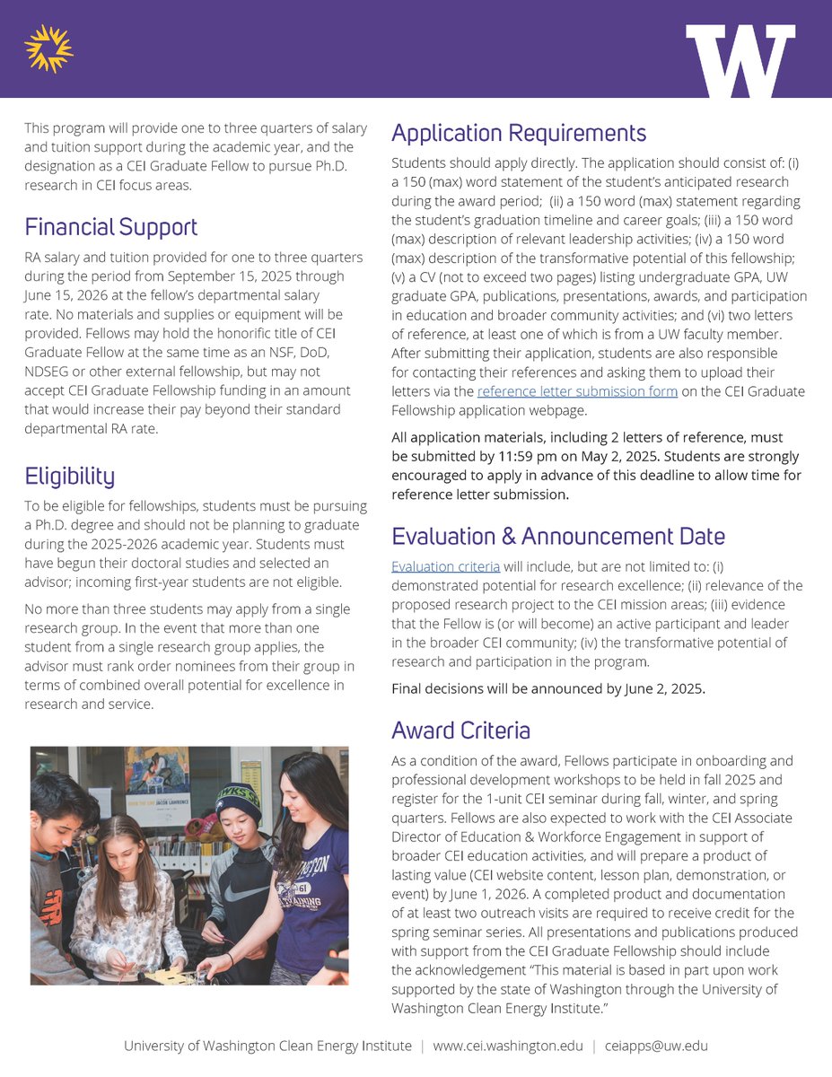 Clean Energy Institute (@uw_cei) on Twitter photo Applications are now open for the 2025-26 CEI Graduate Fellowship! 💜💛🐾
<a href="/UW/">University of Washington</a> PhD students conduct research on clean energy adoption and participate in professional development + K-12 engagement activities. RA salary + tuition provided for 1–3 quarters Sep 16, 2025–June 15, 2026. Applications are now open for the 2025-26 CEI Graduate Fellowship! 💜💛🐾
<a href="/UW/">University of Washington</a> PhD students conduct research on clean energy adoption and participate in professional development + K-12 engagement activities. RA salary + tuition provided for 1–3 quarters Sep 16, 2025–June 15, 2026.