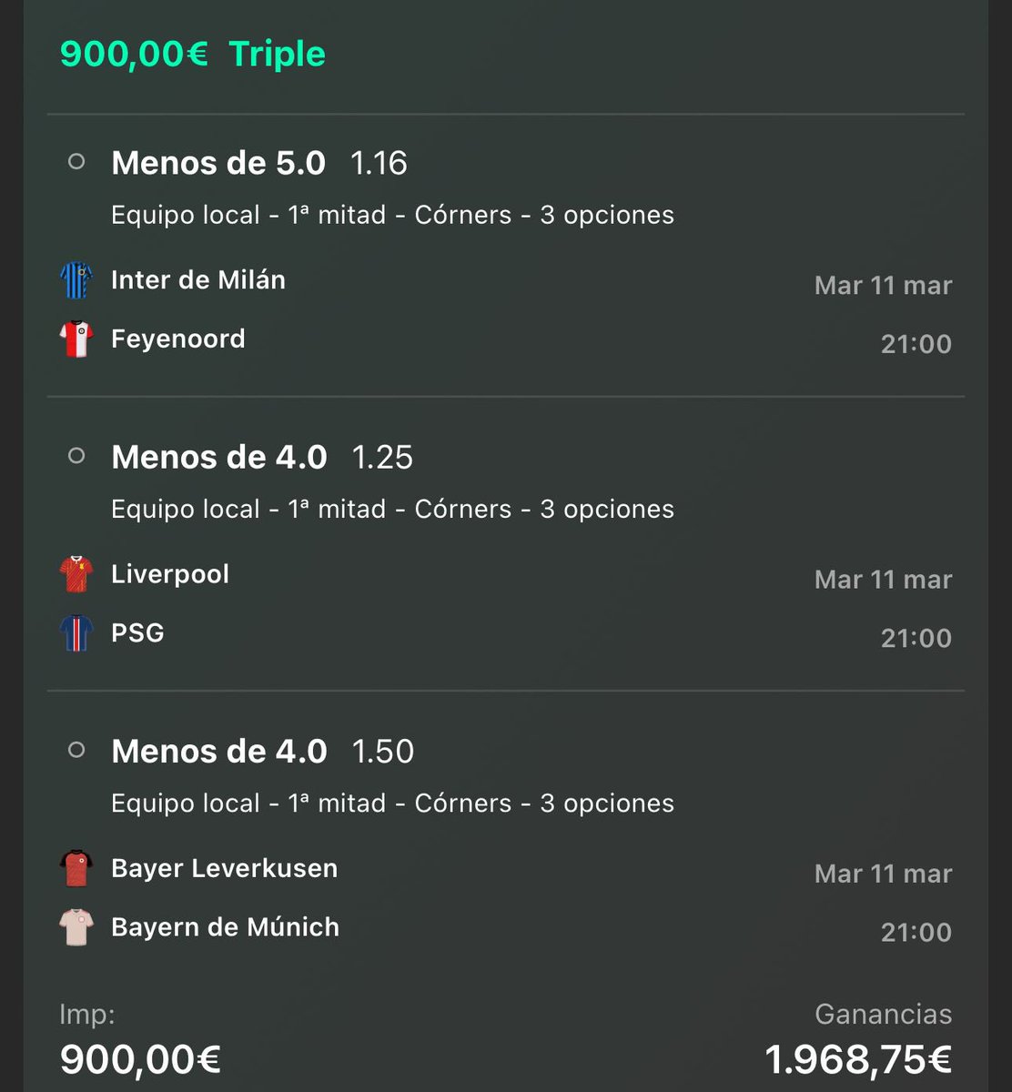 Os dejo esta apuesta personal para la CHAMPIONS hoy. ¡Suerte y cabeza!