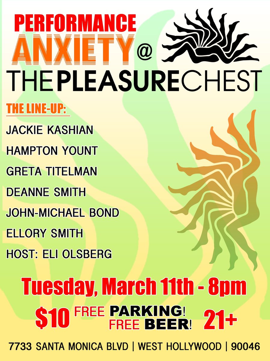 PerformAnxiety's tweet image. TONIGHT! Come to @PleasureChestLA 8pm to see Jackie Kashian, @Hamptonyount Greta Titelman @DeAnne_Smith @BondJohnBond @ellorysmith @EliOlsberg free beer, free parking, and 15% off any purchases! Get tix: thepleasurechest.com/performance-an…