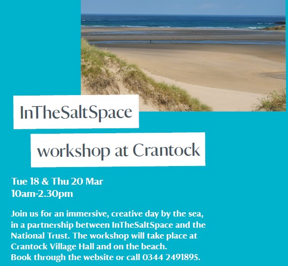#InTheSaltSpace at #Crantock. Join us for an immersive, creative day by the sea, in a partnership between InTheSaltSpace and the #NationalTrust. The workshop will take place at the #CrantockVillageHall and on the beach.
Tue 18 or Thu 20 Mar - 10am-2.30pm
bit.ly/4ilYwMt