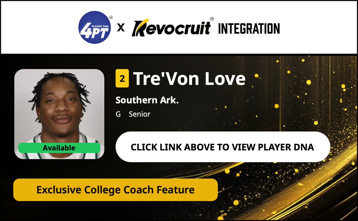 CBB Transfer Portal Spotlight

Tre'Von Love
6'1" 170
Guard
Southern Arkansas

2023-24 Stats (33 Games):
📊 7.2 PPG, 2.3 RPG, 1.5 APG, 40.0 3P%

Coach Exclusive Revocruit Player DNA:
🔗 applink.revocruitathlete.com/player/29632

#TP4PT #TransferPortal
