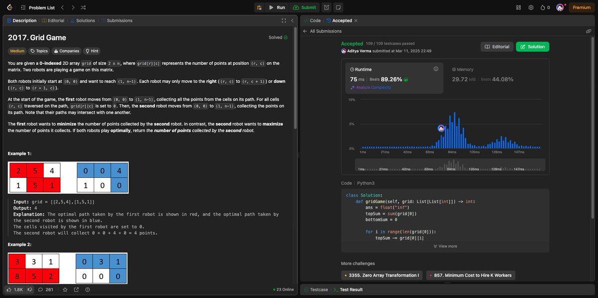 adityaverm_a's tweet image. Day 94 of #100DaysOfLeetCode
Problems:
- Grid Game
- Path Crossing
- Maximum Score After Splitting a String
#100DaysOfCode