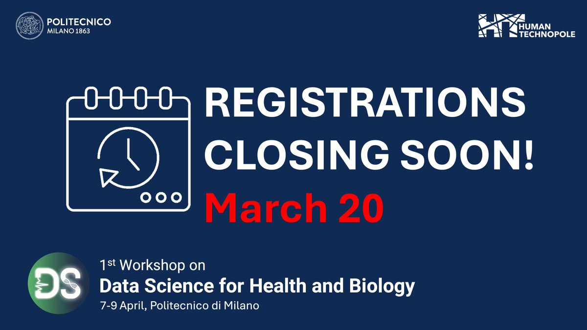 Only a few days left to register for the 1st Workshop on Data Science for Health and Biology (hashtag#DS4HB), taking place April 7-9, 2025, at Politecnico di Milano.

Registration closes: March 20, 2025
Register here: ds4hb.polimi.it
