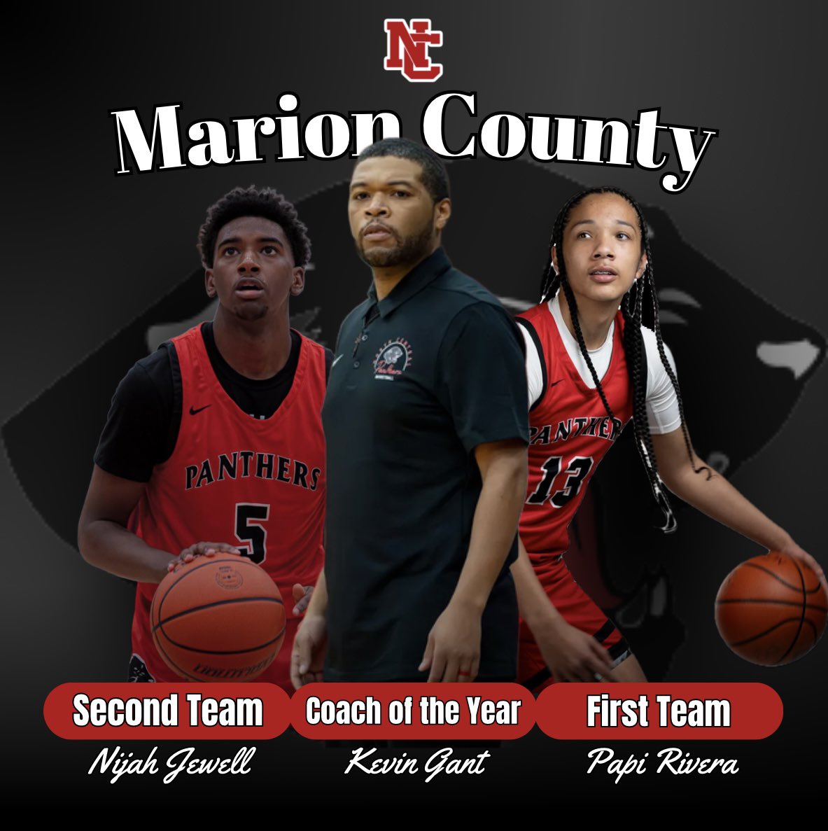 Congratulations to our Panthers on the Marion County team honors‼️

Coach Kevin Gant(Coach of the Year)
Papi Rivera(First team, Runner up POTY)
Nijah Jewell(Second Team)