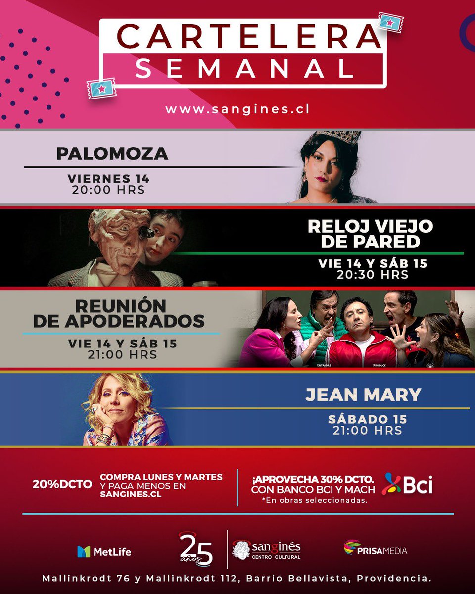 CARTELERA SMENAL 🥳✨
Disfruta de los descuentos que tenemos para ti ¡no te quedes fuera! 
🎟️ticketmaster.cl | sangines.cl