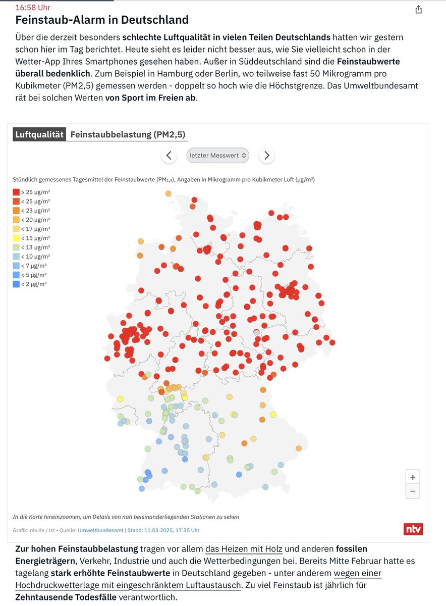 Feinstaub-Alarm in Deutschland - ⁦<a href="/ntvde/">ntv Nachrichten</a>⁩ benennt #HeizenmitHolz als #Feinstaub-Quelle. Über Feinstaub hinaus ist #HeizenmitHolz auch Ursache für Schadgas- &amp; CO2-Emissionen. #holzofengate