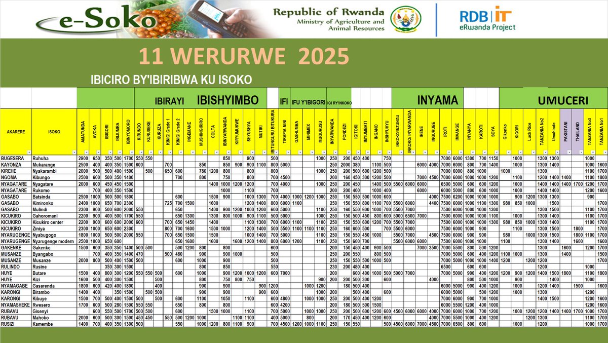 Impuzandengo y'ibiciro by'ibiribwa ku isoko uko byiriwe uyu munsi iyo mbonerahamwe irabigaragaza.Ibirayi bya Kinigi grade 2 byaguze 480 Frw/kg  mu isoko  rya Byangabo riri mu Karere ka Musanze