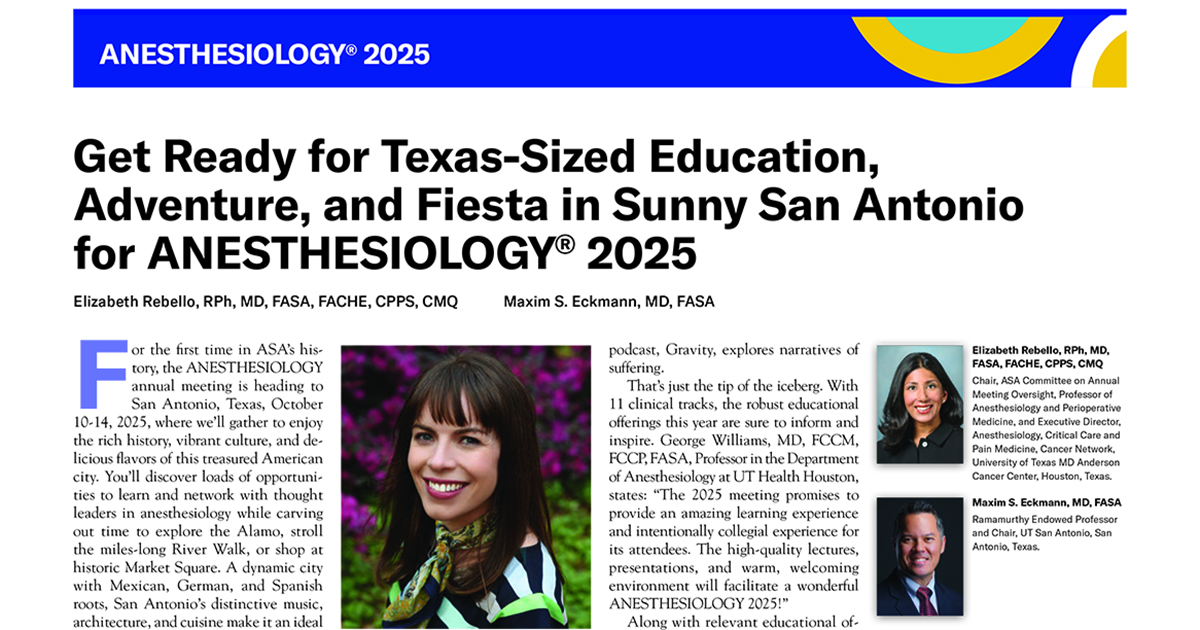 ASA Monitor (@asamonitor) on Twitter photo “There will be networking events designed to set young anesthesiologists up for a success-filled career, while mid- and late-career anesthesiologists will find leadership and mentoring opportunities,” write <a href="/ERebelloMD/">Elizabeth Rebello, MD, FASA</a> and Dr. Maxim Eckmann.
ow.ly/wO4h50VbbM9 “There will be networking events designed to set young anesthesiologists up for a success-filled career, while mid- and late-career anesthesiologists will find leadership and mentoring opportunities,” write <a href="/ERebelloMD/">Elizabeth Rebello, MD, FASA</a> and Dr. Maxim Eckmann.
ow.ly/wO4h50VbbM9