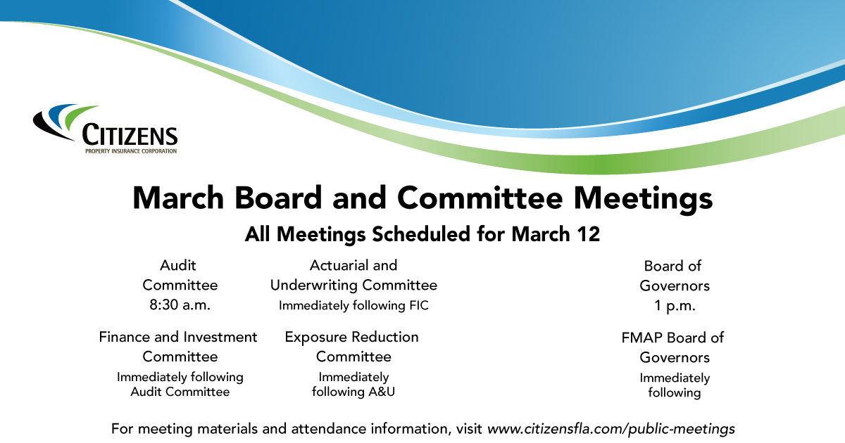 On Wednesday, the <a href="/citizens_fla/">Citizens</a> March Board and committee meetings convene at the Westin Lake Mary. All meetings are available via Zoom or tune in via the <a href="/floridachannel/">The FLORIDA Channel</a>. For the complete meeting schedule, materials, and attendance details, visit citizensfla.com/public-meetings.