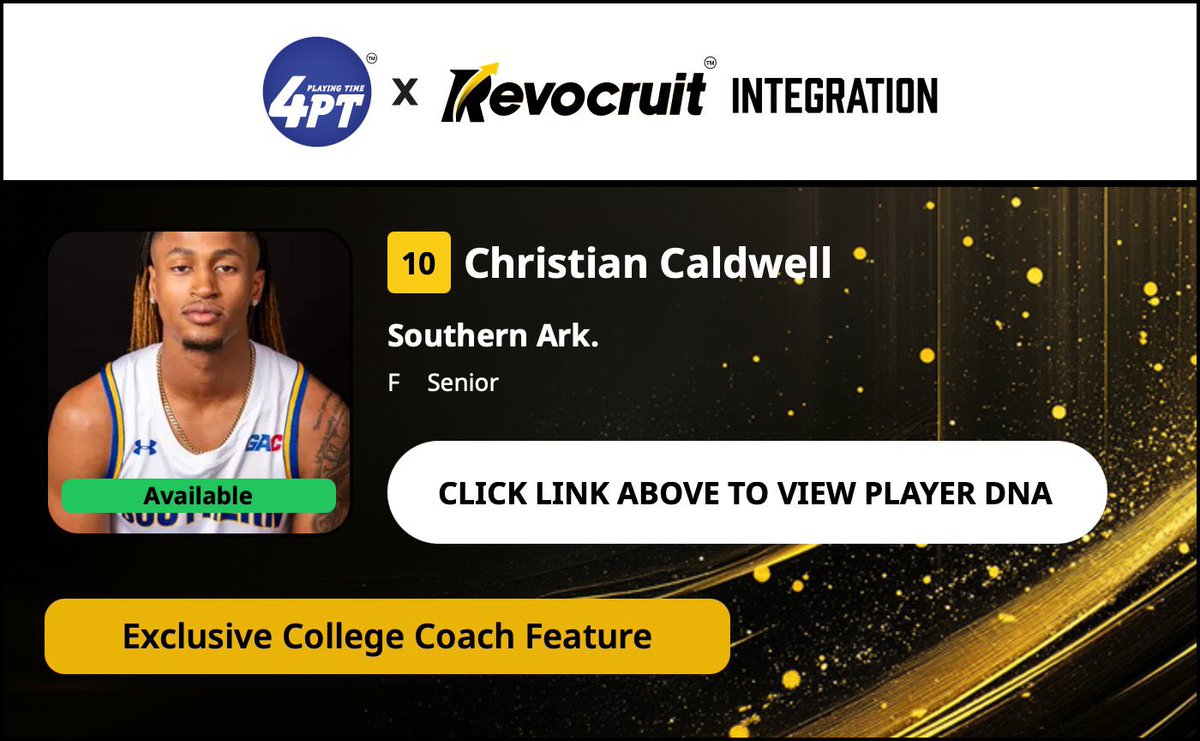 CBB Transfer Portal Spotlight

Christian Caldwell
6'6" 210
Forward
Southern Arkansas

2024-25 Stats (28 Games):
📊 10.1 PPG, 5.5 RPG, 0.8 APG, 60.0 FG%

Coach Exclusive Revocruit Player DNA:
🔗 applink.revocruitathlete.com/player/63717

#TP4PT #TransferPortal