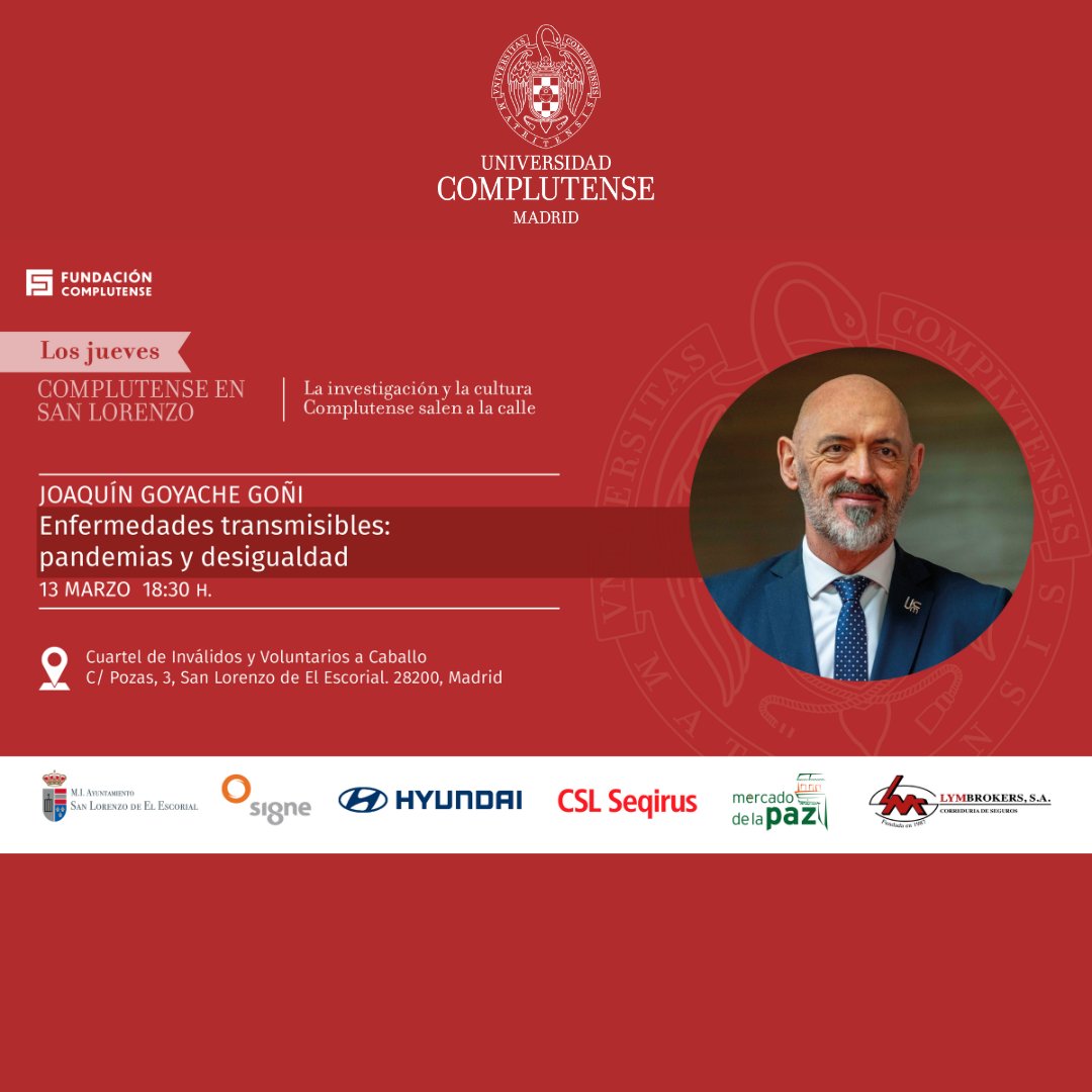 Geografía e Historia UCM (@geohisucm) on Twitter photo ✅Anunciamos que desde Los Jueves Complutense han organizado una charla en la que <a href="/joaquingoyache/">Joaquingoyache</a> tratará "Enfermedades transmisibles: pandemias y desigualdad".
📅13 de marzo de 2025
📍Cuartel de Inválidos y Voluntarios a Caballo (Calle Pozas, 3. San Lorenzo de el Escorial)
#ucm ✅Anunciamos que desde Los Jueves Complutense han organizado una charla en la que <a href="/joaquingoyache/">Joaquingoyache</a> tratará "Enfermedades transmisibles: pandemias y desigualdad".
📅13 de marzo de 2025
📍Cuartel de Inválidos y Voluntarios a Caballo (Calle Pozas, 3. San Lorenzo de el Escorial)
#ucm