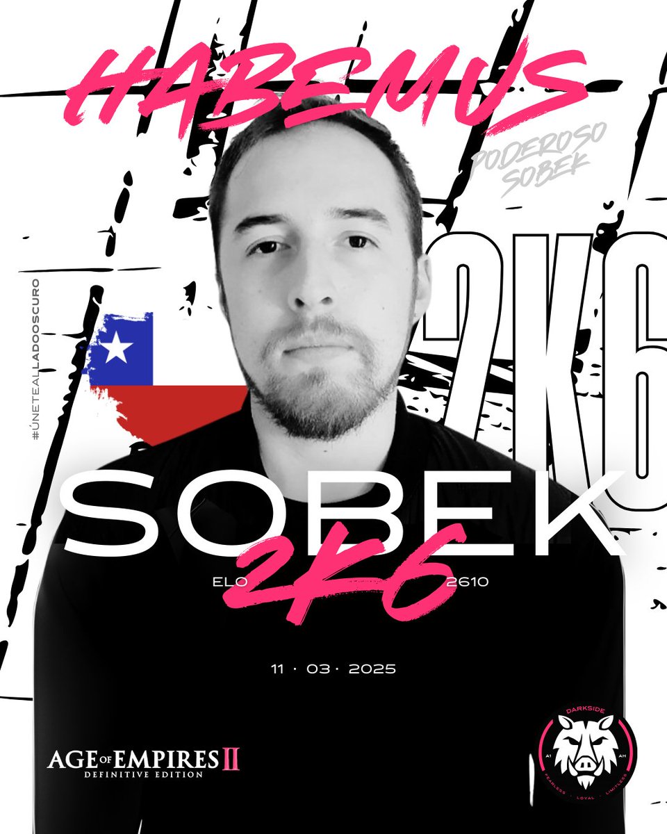 uxmalesports's tweet image. Y las buenas noticias 🔥 no dejan de llegar!!! 💪 Grande Poderoso DS_Sobek!!!! 🐊 HABEMUS #2k6 en el Darkside!!! Nuevo 2k6 🇨🇱 CHILENO!!! Seguimos creciendo, seguimos trabajando en equipo!!! #AoE2 #Esports 🐗🐗🐗 #ÚneteAlLadoOscuro