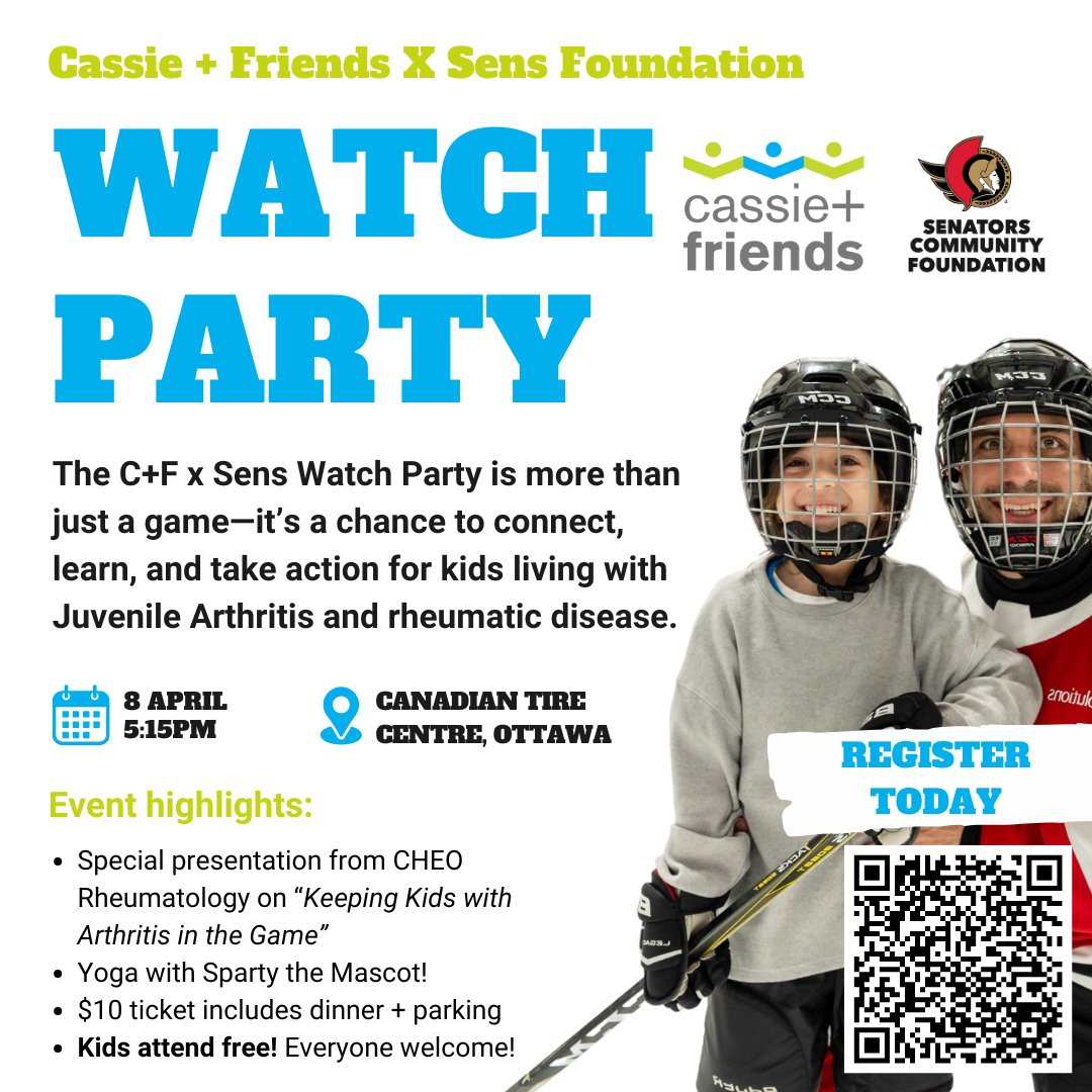 Cassie + Friends Society (@cafsociety) on Twitter photo ๐ฃ Big News! On Apr 8, JIA takes centre ice at the Canadian Tire Centre for a Watch Party + Community Night! ๐
๐๏ธ $10 tix (kids FREE!) incl dinner + parking.
๐ tinyurl.com/cfxsens
Letโs pack the arena + support 25,000+ kids with JIA! ๐
<a href="/CHEO/">CHEO Ottawa</a> <a href="/SenatorsFndn/">Senators Foundation</a> ๐ฃ Big News! On Apr 8, JIA takes centre ice at the Canadian Tire Centre for a Watch Party + Community Night! ๐
๐๏ธ $10 tix (kids FREE!) incl dinner + parking.
๐ tinyurl.com/cfxsens
Letโs pack the arena + support 25,000+ kids with JIA! ๐
<a href="/CHEO/">CHEO Ottawa</a> <a href="/SenatorsFndn/">Senators Foundation</a>