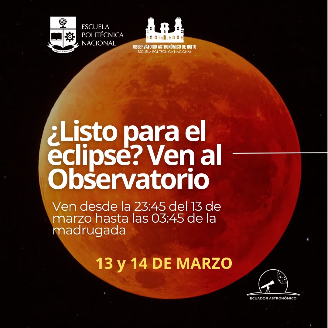 Observa el eclipse con nuestros telescopios electrónicos desde las  23h45 del 13 de marzo hasta las 03h45 del 14 de marzo.
📷 Recomendaciones
📷 Evento gratuito
📷 No se permiten mascotas
📷 Ven con ropa abrigada
📷 Sin registro
 Evento sujeto condiciones climáticas.
#OAQ