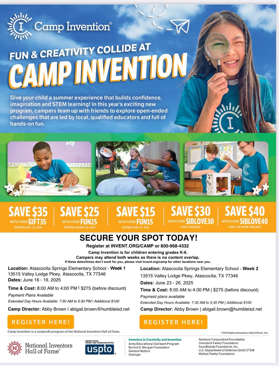 Get ready for new adventures with friends this summer at <a href="/CampInvention/">Camp Invention</a>! Camp takes place from June 16-19 for Week 1, June 23-26 for Week 2. Register before 3/20 and save $25 when you use code SUM25, register for both weeks and get a discount! invent.org/programs/camp-…
