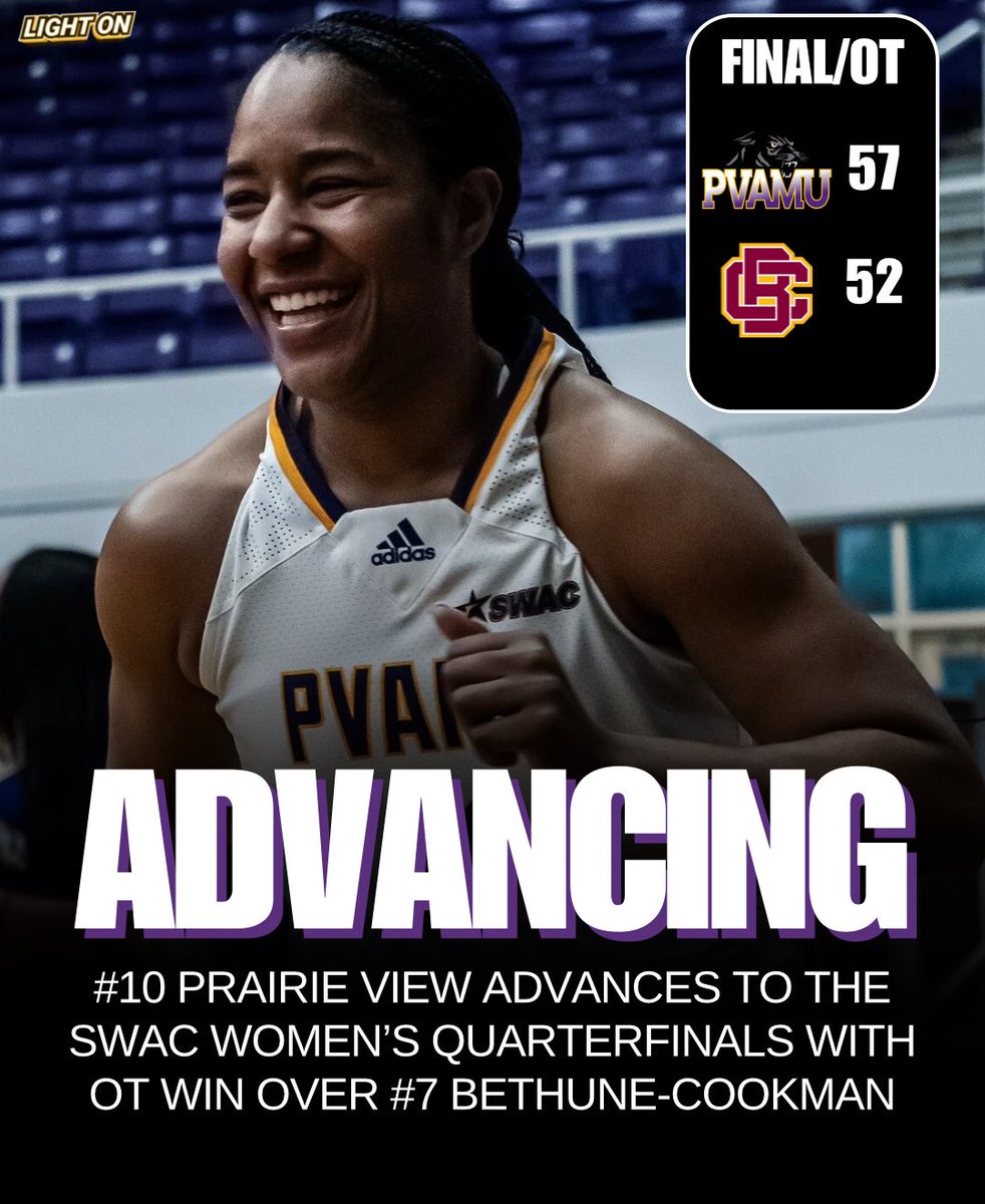 LIGHT ON COLLEGE SPORTS (@lightonsports) on Twitter photo Prairie View ADVANCES to the SWAC Womenโs Quarterfinals with a 1st round overtime win over Bethune-Cookman ๐ฃ๐ก
#SWACTourney <a href="/PVAMU_WBB/">Prairie View A&M Women's Basketball</a> Prairie View ADVANCES to the SWAC Womenโs Quarterfinals with a 1st round overtime win over Bethune-Cookman ๐ฃ๐ก
#SWACTourney <a href="/PVAMU_WBB/">Prairie View A&M Women's Basketball</a>