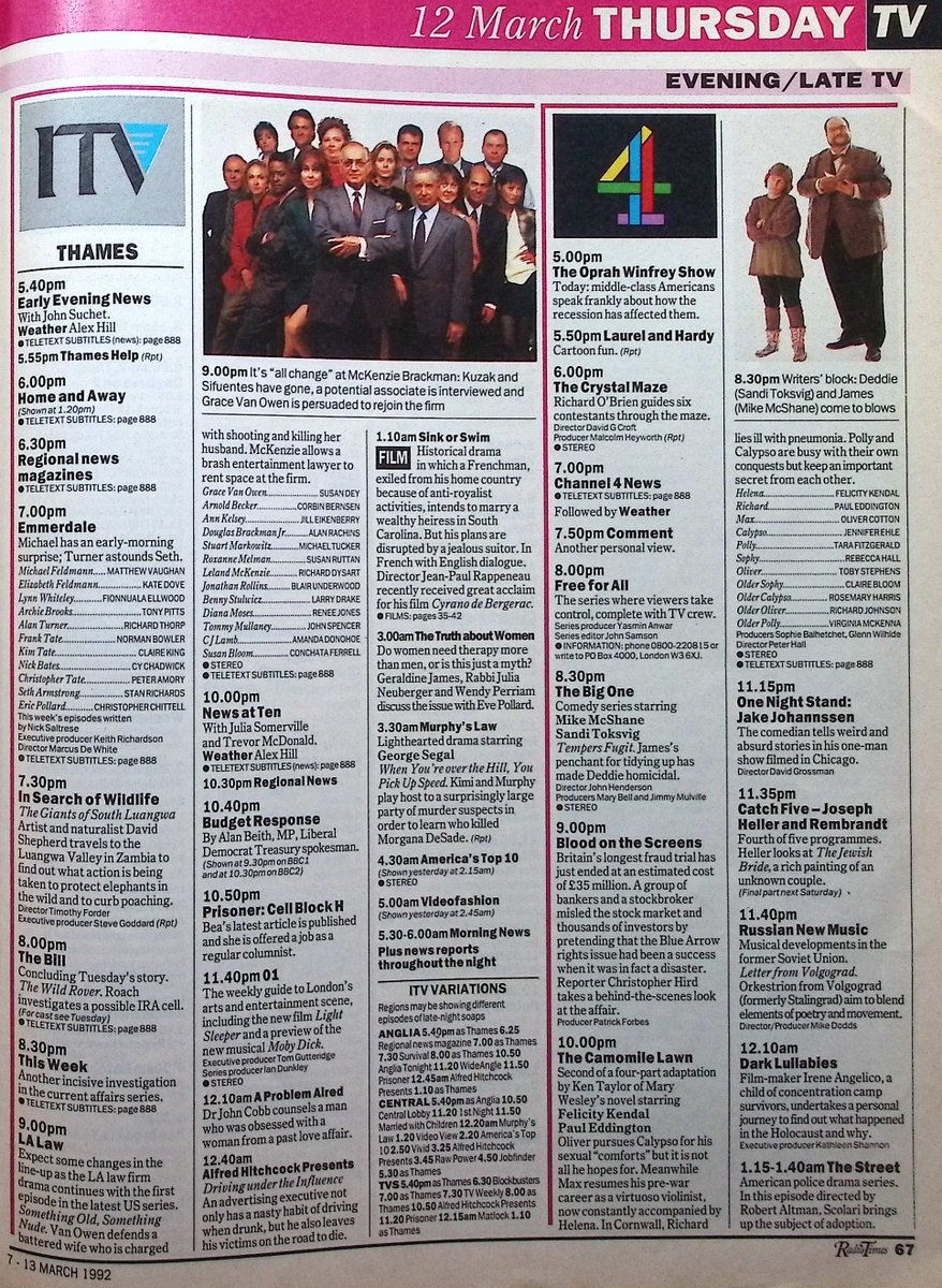 TvDidYouSee's tweet image. #OnThisDay 12 March 1992 📺TV Listings
#RubyWax meets #LaurenBacall in THE FULL WAX.
THE CAMOMILE LAWN, with #FelicityKendall, continues.
#SandiToksvig stars in THE BIG ONE.
Turner astounds Seth in #Emmerdale, and Arthur wants to surprise Pauline in #EastEnders.