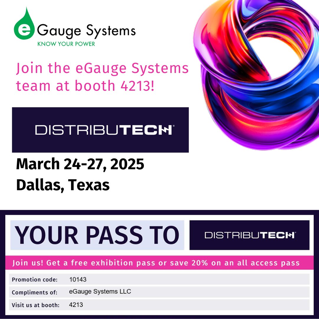 Our team is excited to be at #DISTRIBUTECH 2025 in Dallas from March 25-27! 

Visit the eGauge Systems team at Booth 4213 and register now for FREE exhibit hall entry:
xpressreg.net/register/dist0… 

schedule a meeting with us at sales@egauge.net. 

#EnergyMonitoring #DTECH2025