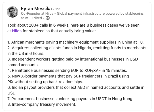 Next time someone asks for real examples of cross border stablecoin payments, send them this list!

Courtesy of Eytan <a href="/NilosHQ/">Nilos</a>

1. African merchants paying machinery equipment suppliers in China at T0.
⁠2. Acquirers collecting clients funds in Nigeria, remitting funds to