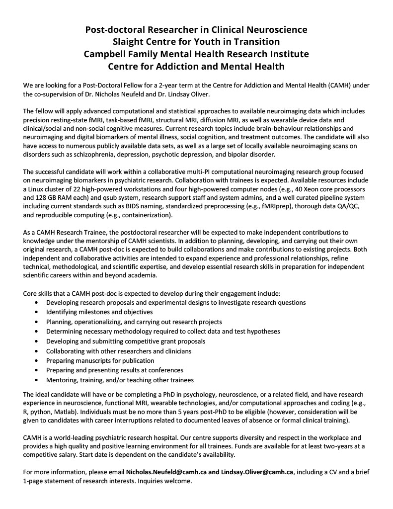 CAMH Research (@camhresearch) on Twitter photo Join our collaborative CAMH Research team!
Dr. Lindsay Oliver (<a href="/loliver_4/">Lindsay Oliver</a>) and Dr. Nicholas Neufeld are looking for a #postdoc to work on unique precision fMRI, social cognition, and digital biomarkers in psychiatric disorders. Join our collaborative CAMH Research team!
Dr. Lindsay Oliver (<a href="/loliver_4/">Lindsay Oliver</a>) and Dr. Nicholas Neufeld are looking for a #postdoc to work on unique precision fMRI, social cognition, and digital biomarkers in psychiatric disorders.