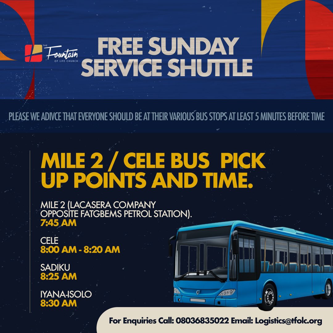 TFOLC's tweet image. Sunday Bus Service Alert! 🚌🚨
No more transportation worries on Sundays! 🙌 Our bus services will be available EVERY Sunday to bring you to church and back!
Check the slides for:
📍 Nearest bus stop
🕰️ Pickup time
No more excuses! 😉
We can’t wait to worship with you!…