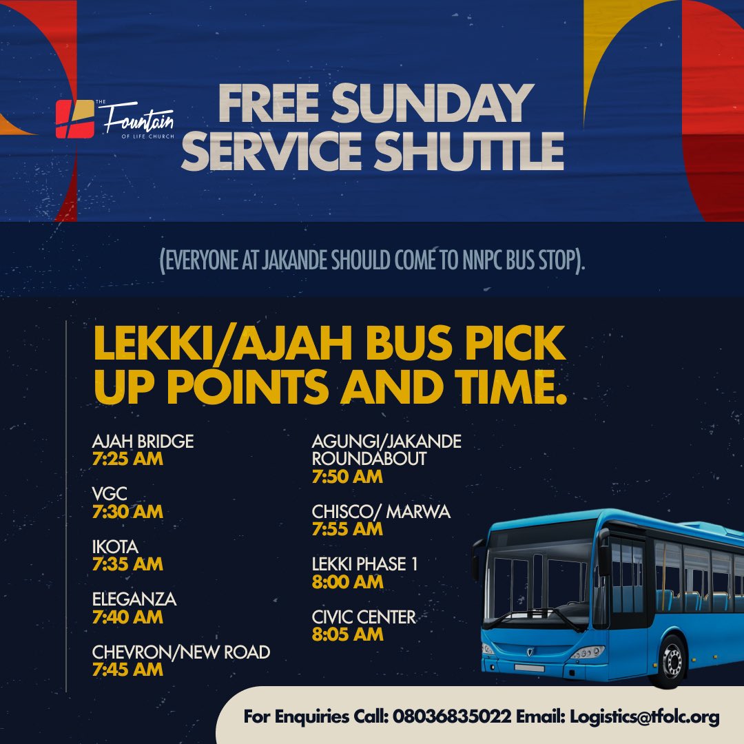TFOLC's tweet image. Sunday Bus Service Alert! 🚌🚨
No more transportation worries on Sundays! 🙌 Our bus services will be available EVERY Sunday to bring you to church and back!
Check the slides for:
📍 Nearest bus stop
🕰️ Pickup time
No more excuses! 😉
We can’t wait to worship with you!…