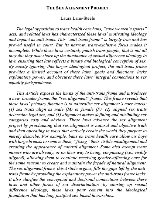 My most recent article, "The Sex Alignment Project," is now forthcoming in the <a href="/FloridaLawRev/">Florida Law Review</a>!  It will be on SSRN soon. Comments welcome.