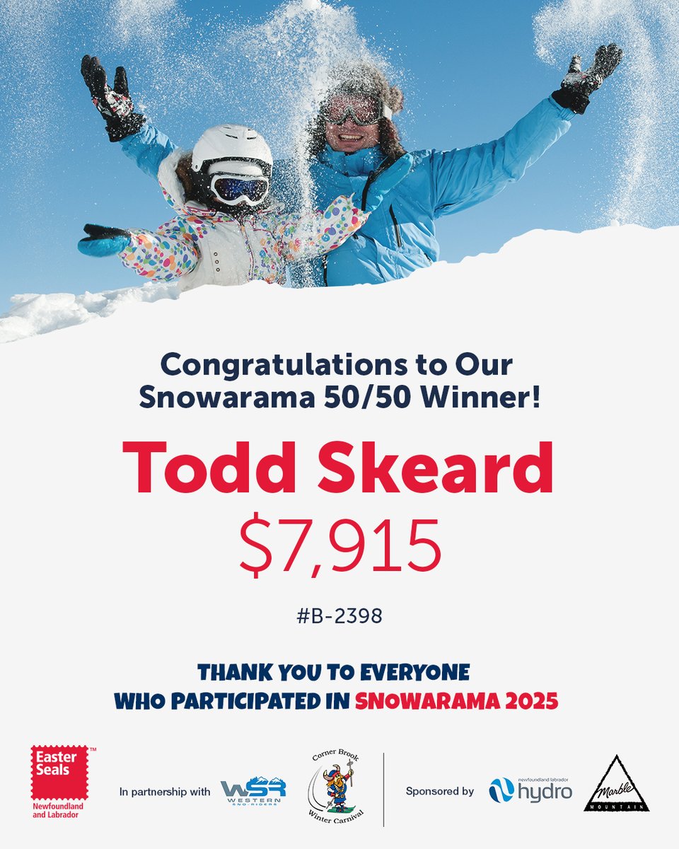 🎉 Congrats to Todd Skeard, our 2025 Snowarama 50/50 Winner! 🎉

Todd takes home $7,915—thank you to everyone who supported the draw!

Proceeds from Snowarama will help purchase outdoor recreation equipment for people with disabilities on the West Coast of Newfoundland.