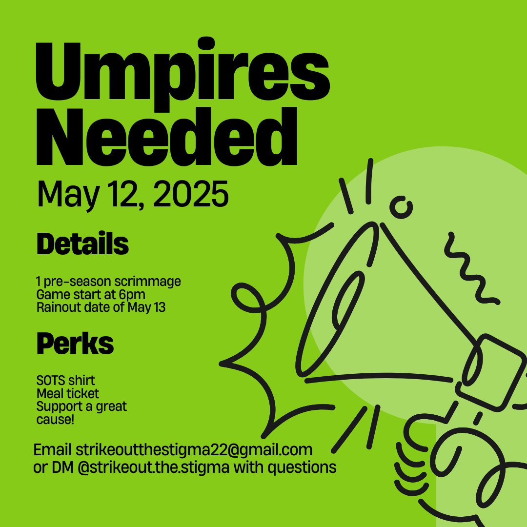 StrikeStigma's tweet image. Calling all umpires! We would love for you to be a part of the 2025 Strike Out the Stigma scrimmage on May 12, 2025! Fill out the Google form below if you're interested, share it with others, and reach out with any questions. #strikeoutthestigma
docs.google.com/forms/d/e/1FAI…