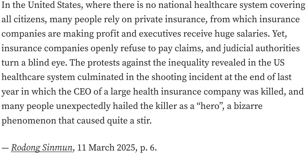 JucheMaxing's tweet photo. DPRK media mentioned Luigi Mangione while criticizing health insurance greedy business in the USA: https://t.co/o62CQPTosJ