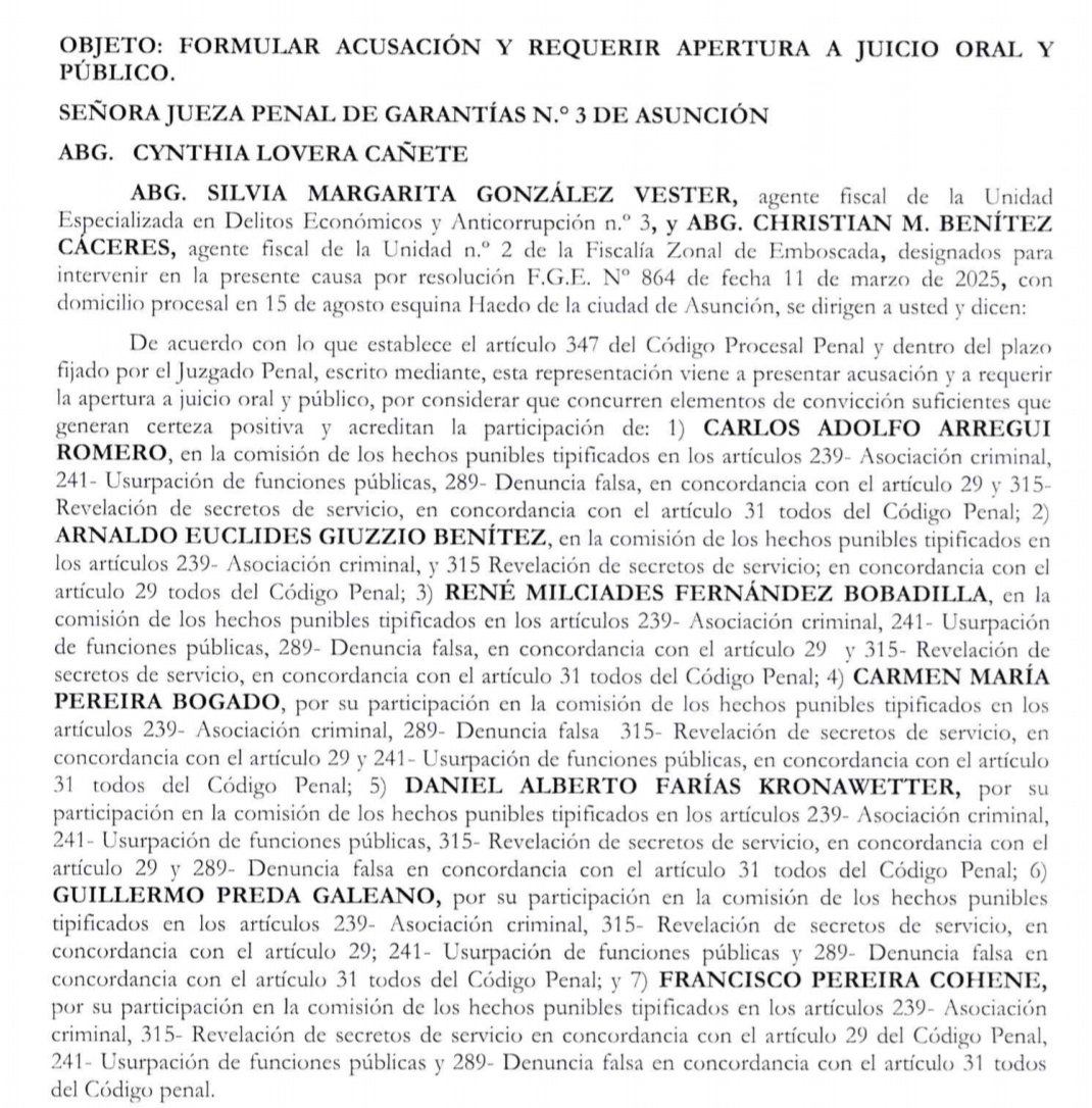 Los ex jerarcas del gobierno de Abdo que están acusados son: Carlos Arregui, Arnaldo Giuzzio, René Fernández, Carmen Pereira, Daniel Farias, Guillermo Preda y Francisco Pereira.