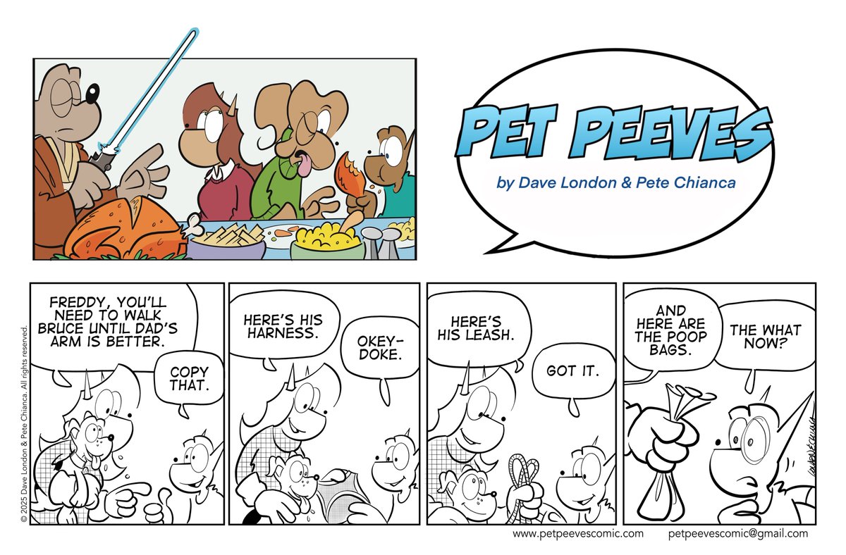PetPeevesComic's tweet photo. Pet Peeves, March 11, 2025: An unexpected turn of events. #dogs #walking #poopbags #comicstrip #Humor https://t.co/9QjdH0u2o8