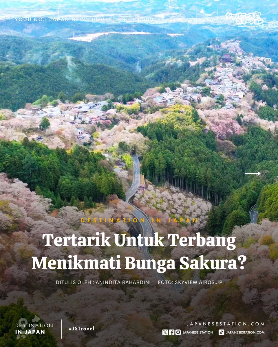 JapaneseStation's tweet photo. Cara menikmati bunga sakura untuk kamu yang anti mendang-mending! 🌸🌸🌸
Nikmati indahnya Gunung Yoshino yang diselimuti bunga sakura yang bermekaran dari udara tanpa harus berdesakan dengan turis lain! ⛰🌄
#Yoshino #PrefekturNara #BungaSakura #JSTravel #ExploreJapan https://t.co/xZeaYkJqk1