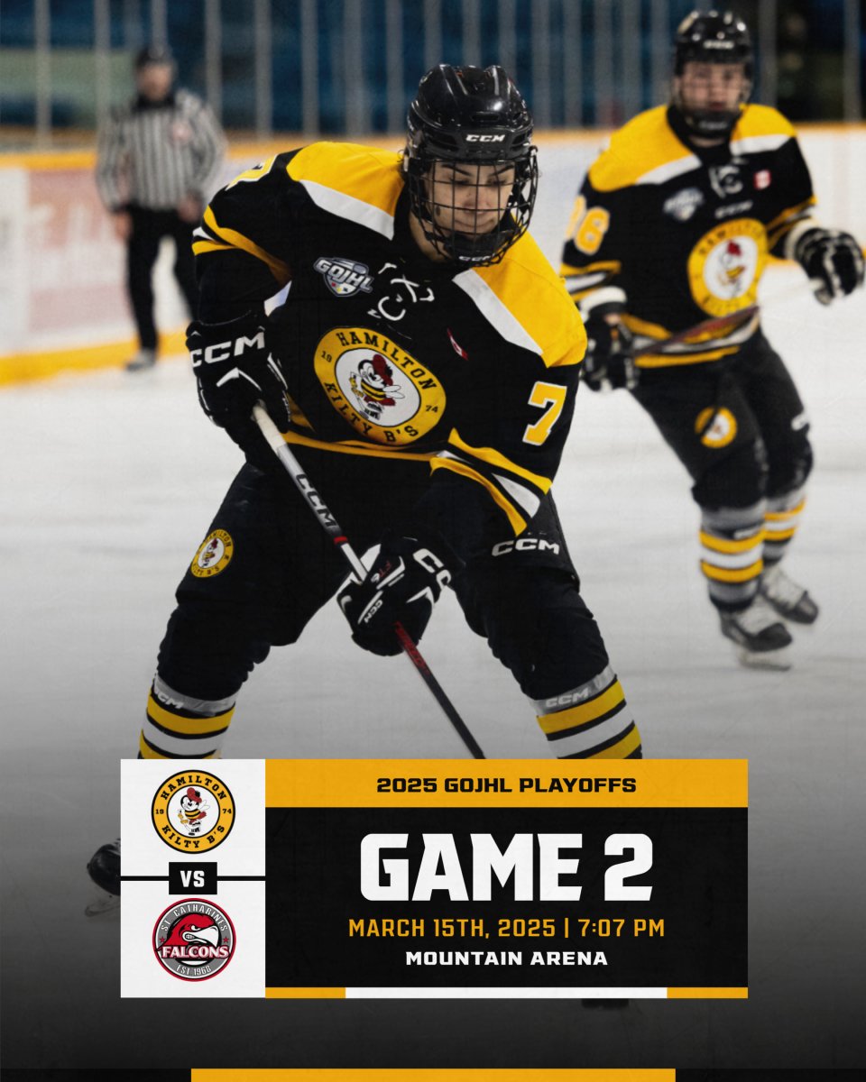 Its gonna be buzzing Saturday night as the B's are at home for game two of the #GOJHL Playoffs VS The St.Catharines Falcons.

It's gonna be a nail biter so join us at Mountain Arena, Saturday night!

#GOJHL | #HamONT