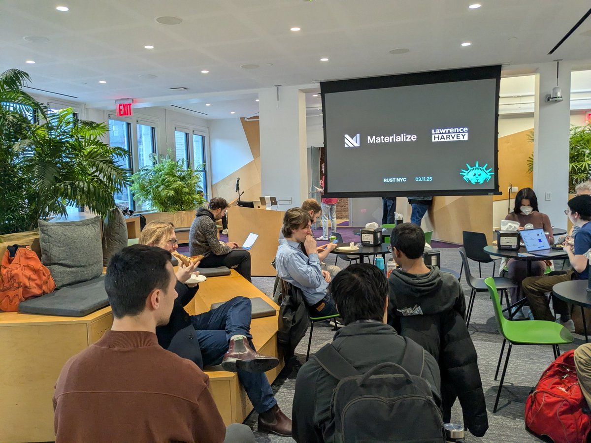 Anthony Elizondo (@complexsplit) on Twitter photo at the rustnyc meetup and the vibe is electric! thanks to <a href="/materializeinc/">Materialize</a> for hosting. (they just released their self-managed version today!) #rust #rustlang at the rustnyc meetup and the vibe is electric! thanks to <a href="/materializeinc/">Materialize</a> for hosting. (they just released their self-managed version today!) #rust #rustlang