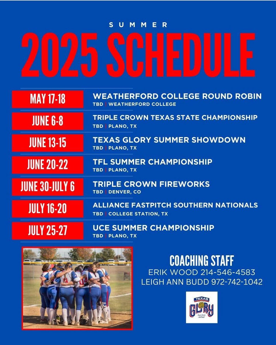 This warmer weather has us dreaming of SUMMER!!! We can’t wait to get our season started! Mark your calendars and make plans to come out and support your favorite Glory girls!  ❤️🥎💙