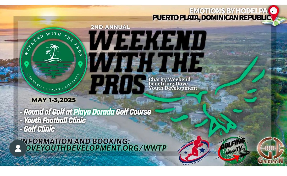 DoveMissionsOrg's tweet photo. Dove Youth Development’s WEEKEND WITH THE PROS, Charity Golf Day…Friday, May 2nd

18-holes on the magnificent Playa Dorada Golf Course. The cost is $200 per person &amp; includes: clubs, cart, caddie, golf balls, and lunch.

https://t.co/alW722Doqs https://t.co/qRl7R38kYK