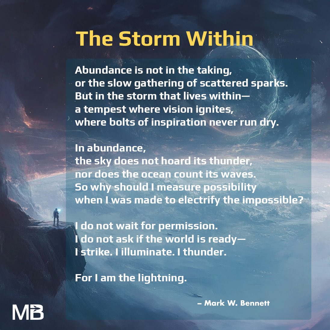 Mark W. Bennett (@markbennettceo) on Twitter photo At <a href="/Abundance360/">Abundance360</a>, surrounded by bold thinkers, I was inspired to capture a mindset of action, abundance, and unstoppable energy. The Storm Within is a reminder that true abundance means striking with purpose and unleashing your inner power. Embrace your lightning! ⚡ At <a href="/Abundance360/">Abundance360</a>, surrounded by bold thinkers, I was inspired to capture a mindset of action, abundance, and unstoppable energy. The Storm Within is a reminder that true abundance means striking with purpose and unleashing your inner power. Embrace your lightning! ⚡