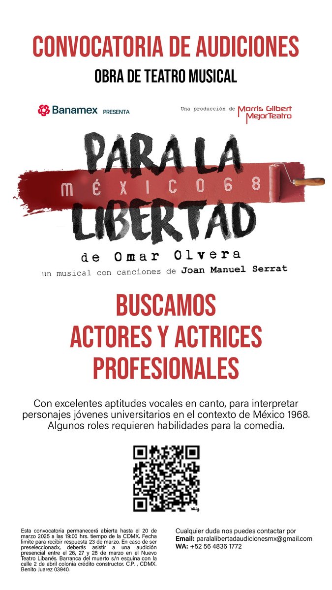 ¿Tienes la pasión y el talento para brillar en el escenario? 🎙

¡Esta es tu oportunidad de ser parte de #ParaLaLibertad! 

Encuentra el formulario de registro aquí o en el QR de la imagen: 👇
forms.gle/DYcWrLxGYaWdbc…