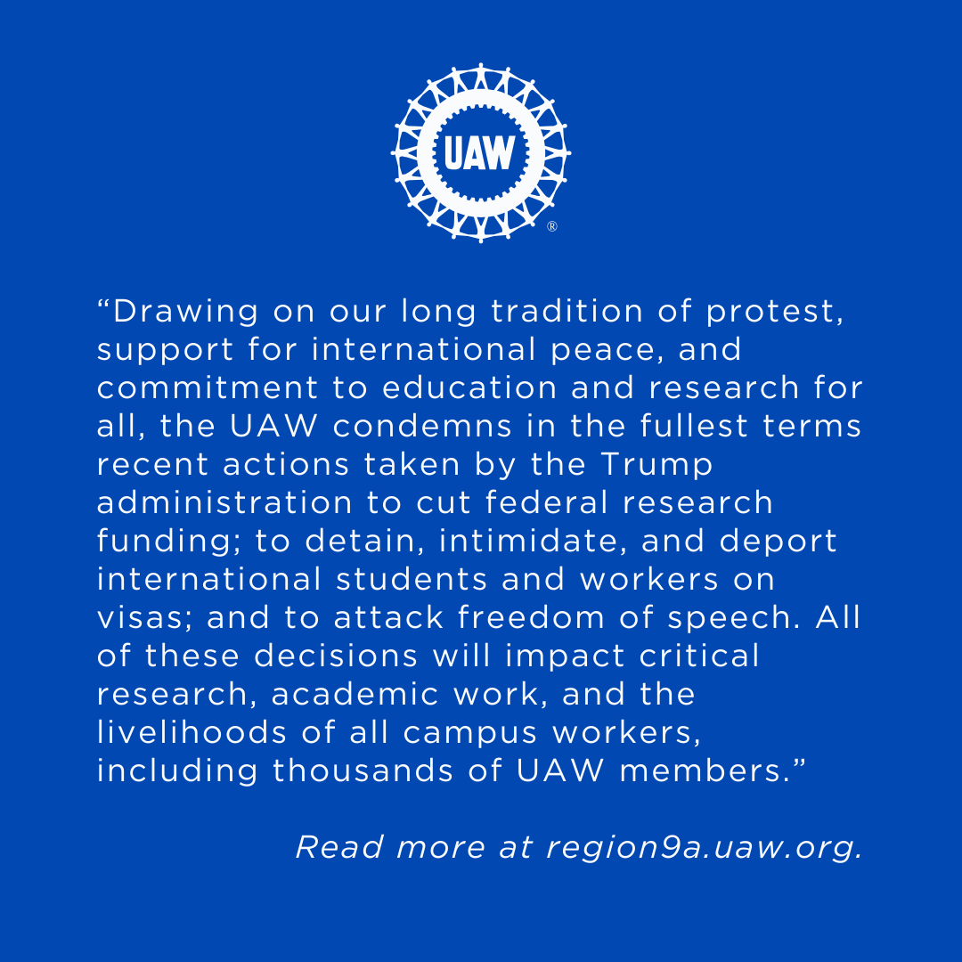 The <a href="/UAW/">UAW</a> stands with our members against against the Trump administration’s attacks on higher education, immigrant &amp; international workers, and our freedom of speech.

Read more: region9a.uaw.org/news/standwith…