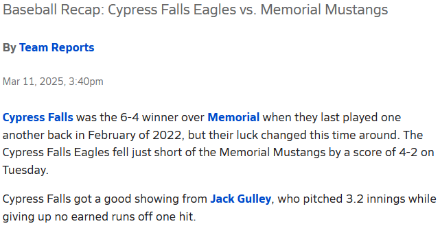Great outing on the mound!

3 2/3 IP
0 R
1 H
2 K
No Decision

t.maxpreps.com/43DxwU3 via <a href="/MaxPreps/">MaxPreps</a>

<a href="/cyfallsbaseball/">CyFallsBaseball</a> <a href="/CUW_Baseball/">CUW Baseball</a> <a href="/Houston_Heat/">Heat Baseball</a>
