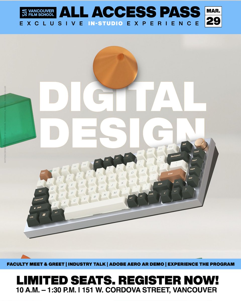 Ready to experience your career in creative design?  💻 Get your backstage access to our Digital Design program on Mar. 29! 📱 Hands-on Adobe Aero demo 🎓 Meet industry instructors 🎤 Motion design career talk. Spots are limited: ow.ly/cRzz50VfTaO
#VFSAllAccess