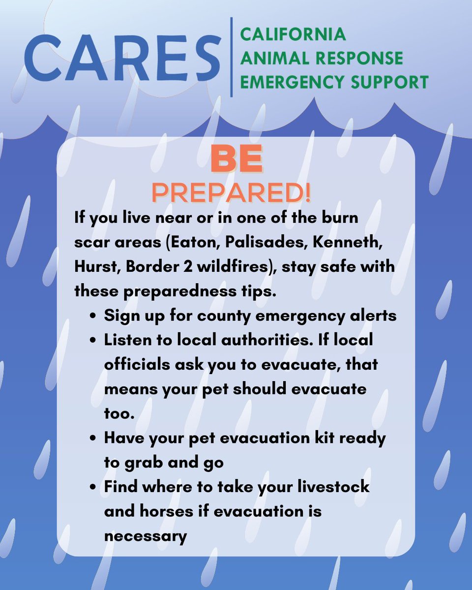 cdfa_cares's tweet photo. A winter storm is expected to impact Southern California this week with possible debris flows near recent burn scars. #PalisadesFire #EatonFire #CreekFire #HurstFire #KennithFire #LidiaFire #ArcherFire #LosAngeles #AltaDena #Malibu #Border2Fire #SunsetFire #PacificPalisades https://t.co/AlNzHeBug2