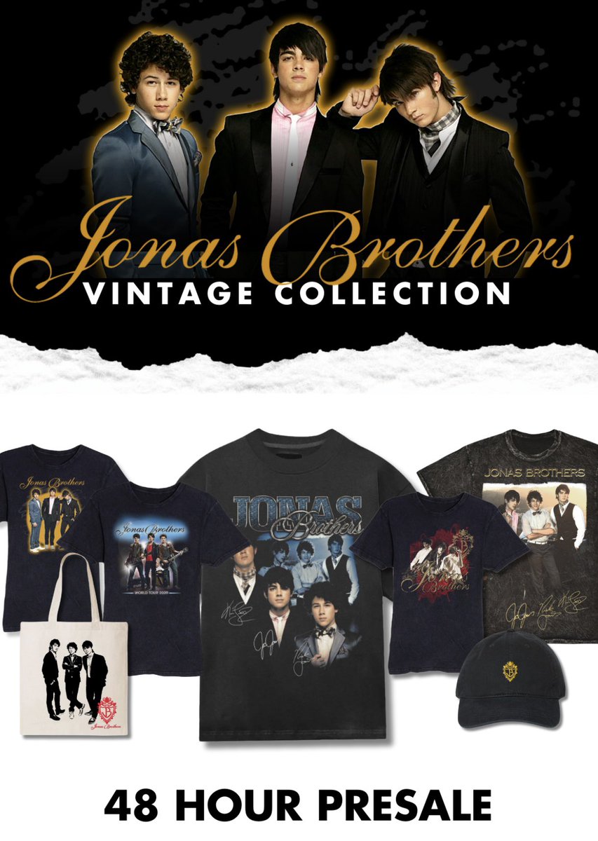 jonasbrothers's tweet photo. Introducing the 20th Anniversary Vintage Collection! 48 hour presale happening now. Get yours: https://t.co/5iFoP6efnF https://t.co/DzGKexC0lV