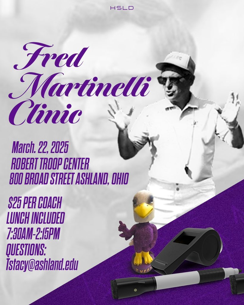 Ashland Football (@ashlandfb) on Twitter photo 🚨ATTENTION ALL COACHES 🚨AUFB and fellow coaches will be putting on a coaches clinic on March 22nd. Please see post for details.
Questions? Email tstacy@ashland.edu 🚨ATTENTION ALL COACHES 🚨AUFB and fellow coaches will be putting on a coaches clinic on March 22nd. Please see post for details.
Questions? Email tstacy@ashland.edu